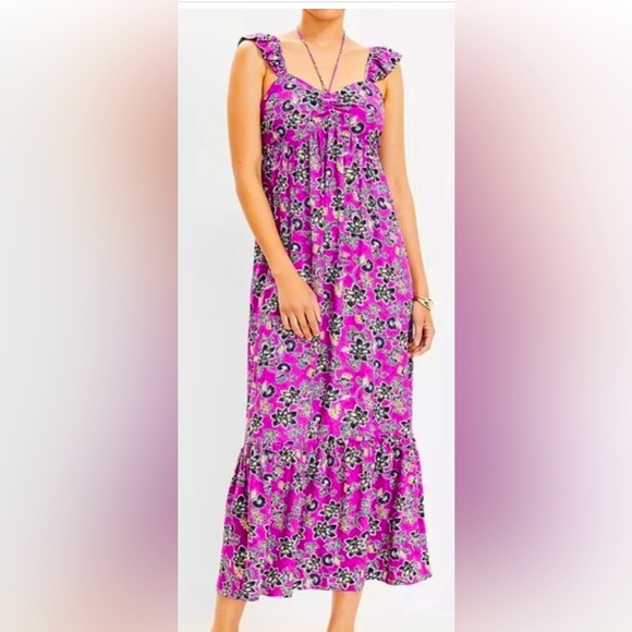 LOFT Dresses & Skirts - Loft Floral Midi Ruffle, Halter Dress/Magenta & Black Hibiscus/Size 8